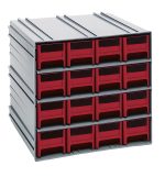 The Quantum Interlocking Storage Cabinet in gray measures 11-3/8D x 11-3/4W x 11H and features 16 red drawers, each with windows and two dividers. It interlocks both horizontally and vertically or mounts on a wall, allowing custom organization. Made in the USA.