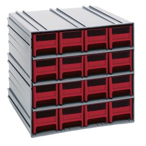 The Quantum Interlocking Storage Cabinet in gray measures 11-3/8D x 11-3/4W x 11H and features 16 red drawers, each with windows and two dividers. It interlocks both horizontally and vertically or mounts on a wall, allowing custom organization. Made in the USA.