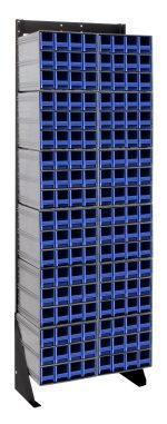 The Quantum Interlocking Storage Cabinets Floor Stand, measuring 12D x 23-5/8W x 75H, features a sturdy black-coated 14-gauge steel frame that holds (12) QIC-122 units and (144) blue drawers for efficient small item storage. Load capacity is up to 300 lbs.
