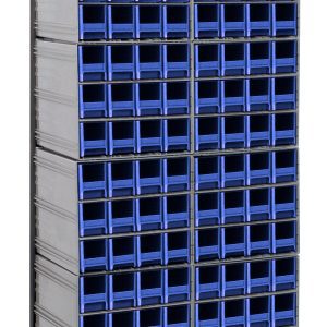 The Quantum Interlocking Storage Cabinets Floor Stand, measuring 12D x 23-5/8W x 75H, features a sturdy black-coated 14-gauge steel frame that holds (12) QIC-122 units and (144) blue drawers for efficient small item storage. Load capacity is up to 300 lbs.