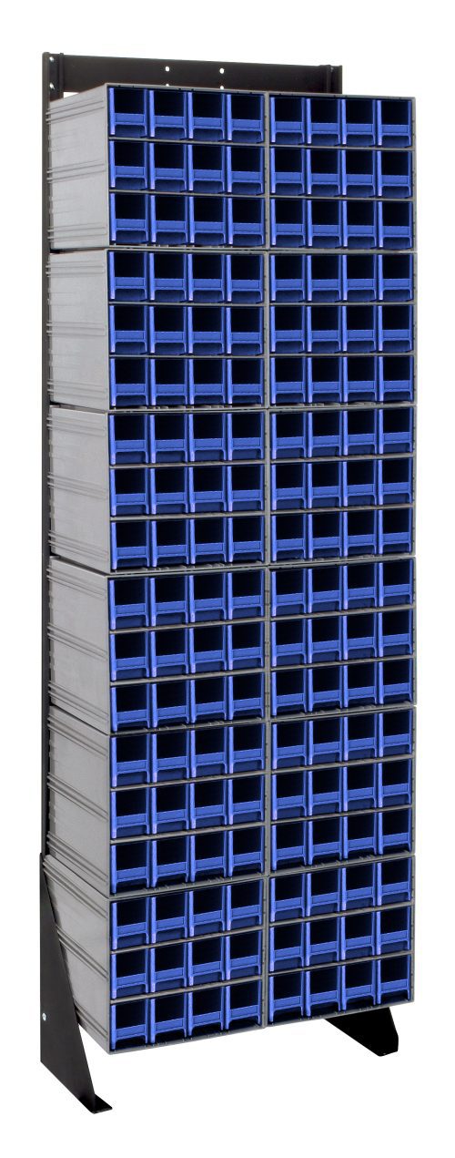 The Quantum Interlocking Storage Cabinets Floor Stand, measuring 12D x 23-5/8W x 75H, features a sturdy black-coated 14-gauge steel frame that holds (12) QIC-122 units and (144) blue drawers for efficient small item storage. Load capacity is up to 300 lbs.
