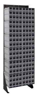 The Quantum Interlocking Storage Cabinets Floor Stand is a single-sided, free-standing unit measuring 12D x 23-5/8W x 75H, with a 300 lbs. load capacity. It includes (144) gray drawers arranged in an organized manner and is made of durable black-coated 14-gauge steel for style and functionality.