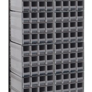 The Quantum Interlocking Storage Cabinets Floor Stand is a single-sided, free-standing unit measuring 12D x 23-5/8W x 75H, with a 300 lbs. load capacity. It includes (144) gray drawers arranged in an organized manner and is made of durable black-coated 14-gauge steel for style and functionality.