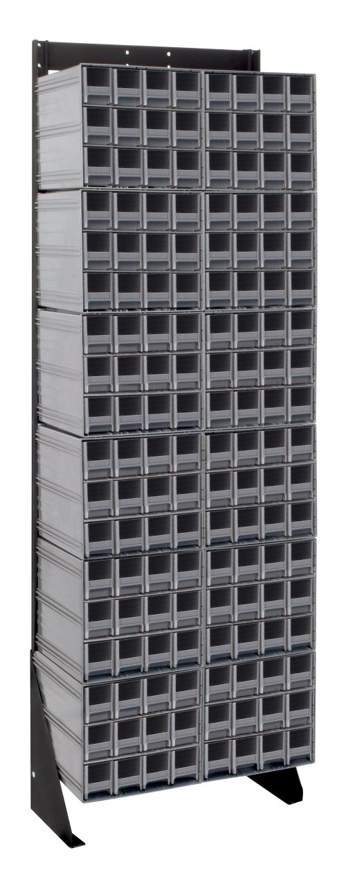QIC-170-122_GY.jpg The Quantum Interlocking Storage Cabinets Floor Stand is a single-sided, free-standing unit measuring 12D x 23-5/8W x 75H, with a 300 lbs. load capacity. It includes (144) gray drawers arranged in an organized manner and is made of durable black-coated 14-gauge steel for style and functionality.