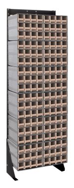 The Quantum Interlocking Storage Cabinets Floor Stand is a 75 tall, single-sided unit with a black-coated 14-gauge steel frame. It features twelve Qic-122 cabinets and 144 ivory drawers arranged in a four-column by ten-row grid, supporting up to 300 lbs.