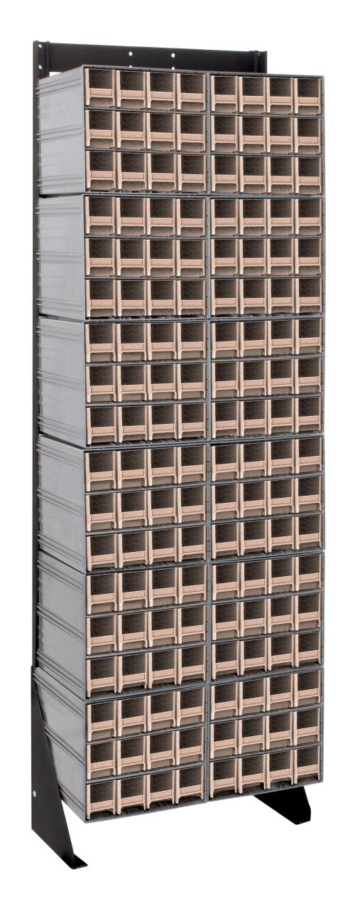 QIC-170-122_IV.jpg The Quantum Interlocking Storage Cabinets Floor Stand is a 75 tall, single-sided unit with a black-coated 14-gauge steel frame. It features twelve Qic-122 cabinets and 144 ivory drawers arranged in a four-column by ten-row grid, supporting up to 300 lbs.