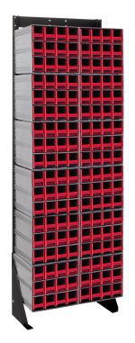 The Quantum Interlocking Storage Cabinets Floor Stand features a black-coated 14-gauge steel frame, measures 12D x 23-5/8W x 75H, and holds up to 300 lbs. It includes (12) QIC-122 models with (144) small red drawers for efficient tool and part organization in a freestanding design.