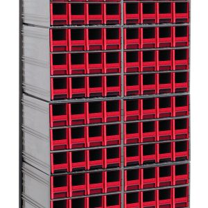 The Quantum Interlocking Storage Cabinets Floor Stand features a black-coated 14-gauge steel frame, measures 12D x 23-5/8W x 75H, and holds up to 300 lbs. It includes (12) QIC-122 models with (144) small red drawers for efficient tool and part organization in a freestanding design.