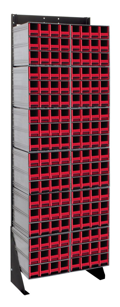 QIC-170-122_RD.jpg The Quantum Interlocking Storage Cabinets Floor Stand features a black-coated 14-gauge steel frame, measures 12D x 23-5/8W x 75H, and holds up to 300 lbs. It includes (12) QIC-122 models with (144) small red drawers for efficient tool and part organization in a freestanding design.