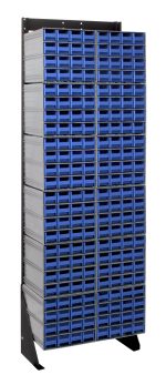The Quantum Interlocking Storage Cabinets Floor Stand features a robust black-coated 14-gauge steel frame, measuring 12D x 23-5/8W x 75H. With 192 blue drawers and (12) QIC-161 units, it efficiently organizes workshop or garage spaces with a total load capacity of 300 lbs.