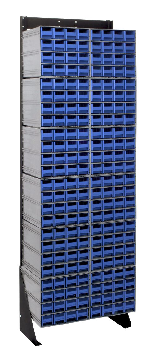 The Quantum Interlocking Storage Cabinets Floor Stand features a robust black-coated 14-gauge steel frame, measuring 12D x 23-5/8W x 75H. With 192 blue drawers and (12) QIC-161 units, it efficiently organizes workshop or garage spaces with a total load capacity of 300 lbs.