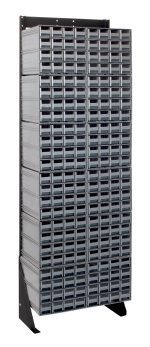 A tall black Quantum Interlocking Storage Cabinets Floor Stand with a 300 lbs. load capacity and 192 drawers in a vertical grid pattern. It features (12) QIC-161 drawers for efficient organization of small items, supported by two angled legs, made of 14 gauge steel, measuring 12D x 23-5/8W x 75H.