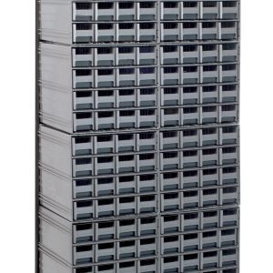 A tall black Quantum Interlocking Storage Cabinets Floor Stand with a 300 lbs. load capacity and 192 drawers in a vertical grid pattern. It features (12) QIC-161 drawers for efficient organization of small items, supported by two angled legs, made of 14 gauge steel, measuring 12D x 23-5/8W x 75H.