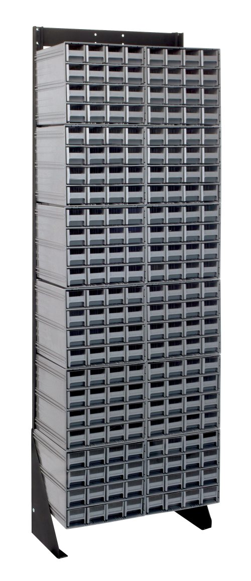 A tall black Quantum Interlocking Storage Cabinets Floor Stand with a 300 lbs. load capacity and 192 drawers in a vertical grid pattern. It features (12) QIC-161 drawers for efficient organization of small items, supported by two angled legs, made of 14 gauge steel, measuring 12D x 23-5/8W x 75H.