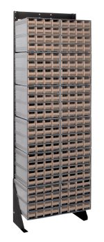 The Quantum Interlocking Storage Cabinets Floor Stand is a 75 tall, single-sided rack with 192 ivory drawers, measuring 12D x 23-5/8W. Built with a sturdy black-coated 14-gauge steel frame, its ideal for organizing small items and has a load capacity of up to 300 lbs.