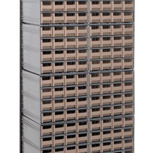 The Quantum Interlocking Storage Cabinets Floor Stand is a 75 tall, single-sided rack with 192 ivory drawers, measuring 12D x 23-5/8W. Built with a sturdy black-coated 14-gauge steel frame, its ideal for organizing small items and has a load capacity of up to 300 lbs.