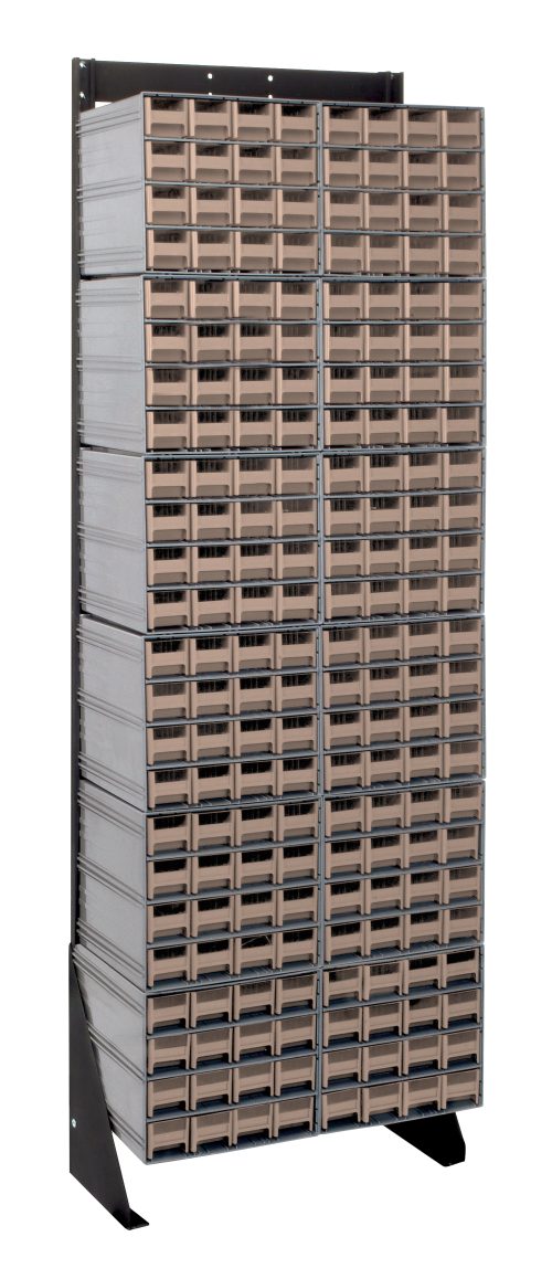 QIC-170-161_IV.jpg The Quantum Interlocking Storage Cabinets Floor Stand is a 75 tall, single-sided rack with 192 ivory drawers, measuring 12D x 23-5/8W. Built with a sturdy black-coated 14-gauge steel frame, its ideal for organizing small items and has a load capacity of up to 300 lbs.