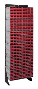 A tall, single-sided Quantum Interlocking Storage Cabinet includes 192 red QIC-161 drawers, ideal for organizing small parts or tools. The 12D x 23-5/8W x 75H cabinet sits on sturdy black legs with a load capacity of 300 lbs and features a sleek black-coated finish.