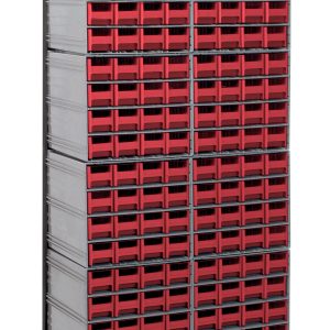 A tall, single-sided Quantum Interlocking Storage Cabinet includes 192 red QIC-161 drawers, ideal for organizing small parts or tools. The 12D x 23-5/8W x 75H cabinet sits on sturdy black legs with a load capacity of 300 lbs and features a sleek black-coated finish.