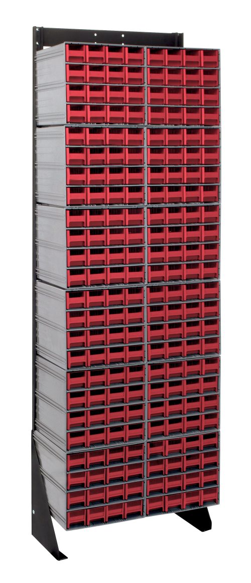 QIC-170-161_RD.jpg A tall, single-sided Quantum Interlocking Storage Cabinet includes 192 red QIC-161 drawers, ideal for organizing small parts or tools. The 12D x 23-5/8W x 75H cabinet sits on sturdy black legs with a load capacity of 300 lbs and features a sleek black-coated finish.
