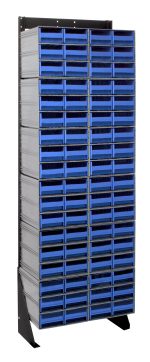 The Quantum Interlocking Storage Cabinets Floor Stand is a single-sided, tall rack measuring 12D x 23-5/8W x 75H, with sturdy legs and a black coated finish. It includes numerous blue drawers for easy organization of small items and supports up to 300 lbs.