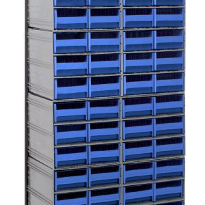 The Quantum Interlocking Storage Cabinets Floor Stand is a single-sided, tall rack measuring 12D x 23-5/8W x 75H, with sturdy legs and a black coated finish. It includes numerous blue drawers for easy organization of small items and supports up to 300 lbs.
