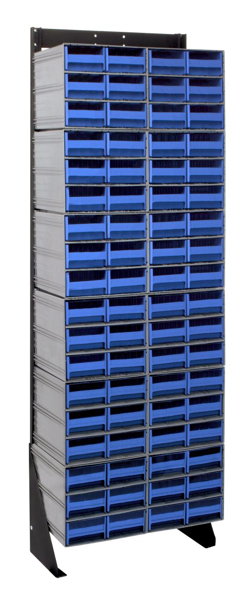 The Quantum Interlocking Storage Cabinets Floor Stand is a single-sided, tall rack measuring 12D x 23-5/8W x 75H, with sturdy legs and a black coated finish. It includes numerous blue drawers for easy organization of small items and supports up to 300 lbs.