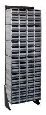 A tall, black-coated, 75 high single-sided metal organizer has a load capacity of 300 lbs. It comes with (12) QIC-64 and features (72) small gray drawers ideal for storing hardware. Made from 14 gauge steel, this sleek industrial unit is mounted on a Quantum Interlocking Storage Cabinets Floor Stand.