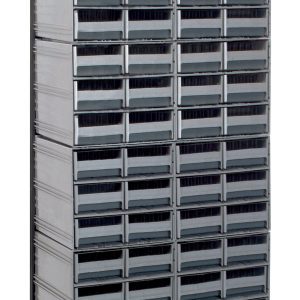A tall, black-coated, 75 high single-sided metal organizer has a load capacity of 300 lbs. It comes with (12) QIC-64 and features (72) small gray drawers ideal for storing hardware. Made from 14 gauge steel, this sleek industrial unit is mounted on a Quantum Interlocking Storage Cabinets Floor Stand.