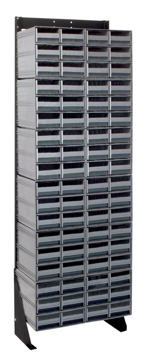 A tall, black-coated, 75 high single-sided metal organizer has a load capacity of 300 lbs. It comes with (12) QIC-64 and features (72) small gray drawers ideal for storing hardware. Made from 14 gauge steel, this sleek industrial unit is mounted on a Quantum Interlocking Storage Cabinets Floor Stand.
