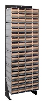 The Quantum Interlocking Storage Cabinets Floor Stand is a single-sided, black-coated 14-gauge steel unit with dimensions of 12D x 23-5/8W x 75H. It includes (72) ivory drawers and offers a load capacity of 300 lbs., ideal for organizing small items in workshops or craft spaces.