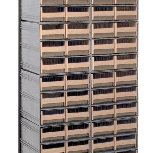 The Quantum Interlocking Storage Cabinets Floor Stand is a single-sided, black-coated 14-gauge steel unit with dimensions of 12D x 23-5/8W x 75H. It includes (72) ivory drawers and offers a load capacity of 300 lbs., ideal for organizing small items in workshops or craft spaces.