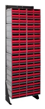 The Quantum Interlocking Storage Cabinets Floor Stand is a tall, single-sided unit measuring 12D x 23-5/8W x 75H, featuring a sturdy black coated finish. It includes multiple red drawers and boasts a robust 300 lbs. load capacity, perfect for organizing small items or tools.
