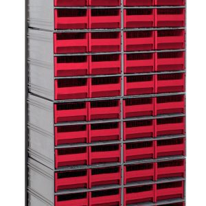 The Quantum Interlocking Storage Cabinets Floor Stand is a tall, single-sided unit measuring 12D x 23-5/8W x 75H, featuring a sturdy black coated finish. It includes multiple red drawers and boasts a robust 300 lbs. load capacity, perfect for organizing small items or tools.