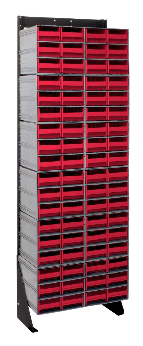 The Quantum Interlocking Storage Cabinets Floor Stand is a tall, single-sided unit measuring 12D x 23-5/8W x 75H, featuring a sturdy black coated finish. It includes multiple red drawers and boasts a robust 300 lbs. load capacity, perfect for organizing small items or tools.