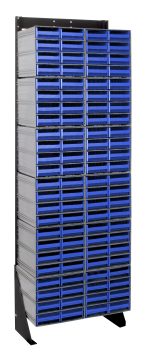 The Quantum Interlocking Storage Cabinet Floor Stand is a tall, single-sided unit with interlocking storage and includes 96 blue drawers in 12 Qic-83 units. Its black-coated, 14-gauge steel frame supports up to 300 lbs., ideal for securely organizing small items. Size: 12D x 23-5/8W x 75H.