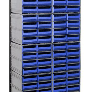 The Quantum Interlocking Storage Cabinet Floor Stand is a tall, single-sided unit with interlocking storage and includes 96 blue drawers in 12 Qic-83 units. Its black-coated, 14-gauge steel frame supports up to 300 lbs., ideal for securely organizing small items. Size: 12D x 23-5/8W x 75H.