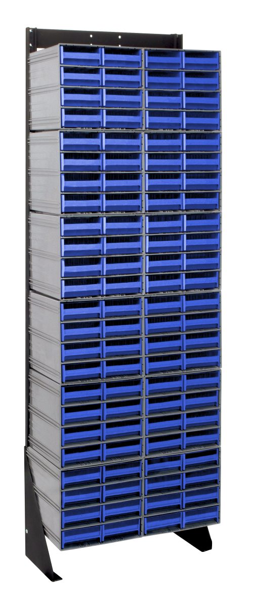 The Quantum Interlocking Storage Cabinet Floor Stand is a tall, single-sided unit with interlocking storage and includes 96 blue drawers in 12 Qic-83 units. Its black-coated, 14-gauge steel frame supports up to 300 lbs., ideal for securely organizing small items. Size: 12D x 23-5/8W x 75H.