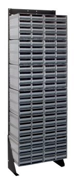 The Quantum Interlocking Storage Cabinets Floor Stand, single-sided and black-coated, measures 12D x 23-5/8W x 75H with a 300 lbs. load capacity. It includes (96) gray drawers and sturdy black stackable bins, ideal for organized storage solutions.