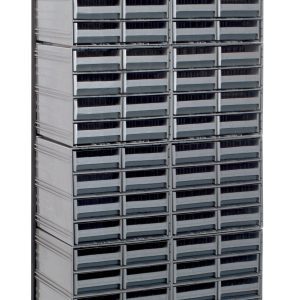 The Quantum Interlocking Storage Cabinets Floor Stand, single-sided and black-coated, measures 12D x 23-5/8W x 75H with a 300 lbs. load capacity. It includes (96) gray drawers and sturdy black stackable bins, ideal for organized storage solutions.