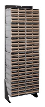 The Quantum Interlocking Storage Cabinet is a tall, single-sided black metal rack with 96 ivory drawers and includes 12 QIC-83 units. Measuring 12D x 23-5/8W x 75H, it stands upright on a flat surface and holds up to 300 lbs., perfect for organizing small items.