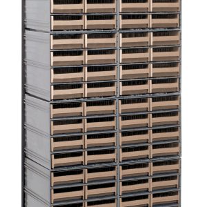 The Quantum Interlocking Storage Cabinet is a tall, single-sided black metal rack with 96 ivory drawers and includes 12 QIC-83 units. Measuring 12D x 23-5/8W x 75H, it stands upright on a flat surface and holds up to 300 lbs., perfect for organizing small items.