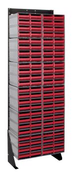 The Quantum Interlocking Storage Cabinets Floor Stand, single-sided and in black coated 14 gauge steel, features a 75 tall frame with 96 red drawers for functional organization and a robust 300 lbs. load capacity.