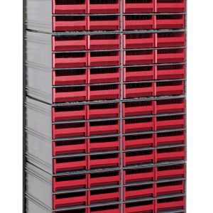 The Quantum Interlocking Storage Cabinets Floor Stand, single-sided and in black coated 14 gauge steel, features a 75 tall frame with 96 red drawers for functional organization and a robust 300 lbs. load capacity.