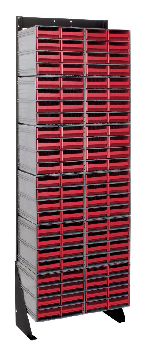 The Quantum Interlocking Storage Cabinets Floor Stand, single-sided and in black coated 14 gauge steel, features a 75 tall frame with 96 red drawers for functional organization and a robust 300 lbs. load capacity.