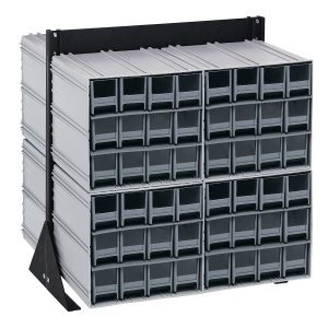 A double-sided Quantum Interlocking Storage Cabinets Floor Stand measures 24D x 23-5/8W x 28H and supports up to 750 lbs. It features a black-coated, metal frame with angled side supports, housing (96) small gray drawers with darker handles and contains (8) QIC-122 units.