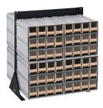 The Quantum Interlocking Storage Cabinets Floor Stand features 96 ivory drawers in four rows and three columns with a load capacity of 750 lbs. Supported by a black-coated, 14-gauge steel frame, this double-sided stand includes clear front panels for easy content visibility.