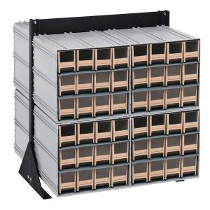 The Quantum Interlocking Storage Cabinets Floor Stand features 96 ivory drawers in four rows and three columns with a load capacity of 750 lbs. Supported by a black-coated, 14-gauge steel frame, this double-sided stand includes clear front panels for easy content visibility.