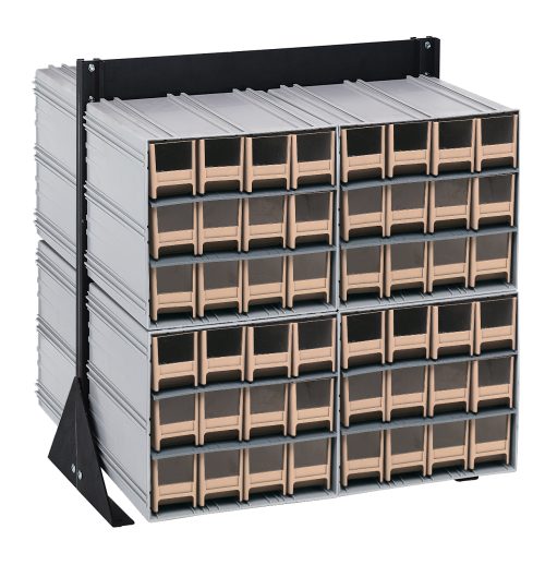 The Quantum Interlocking Storage Cabinets Floor Stand features 96 ivory drawers in four rows and three columns with a load capacity of 750 lbs. Supported by a black-coated, 14-gauge steel frame, this double-sided stand includes clear front panels for easy content visibility.