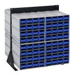 The Quantum Interlocking Storage Cabinets Floor Stand is a double-sided gray metal rack with 128 blue drawers, measuring 24D x 23-5/8W x 28H. It includes (8) QIC-161 and is supported by black triangular side stands, providing a sturdy solution for organizing small items.